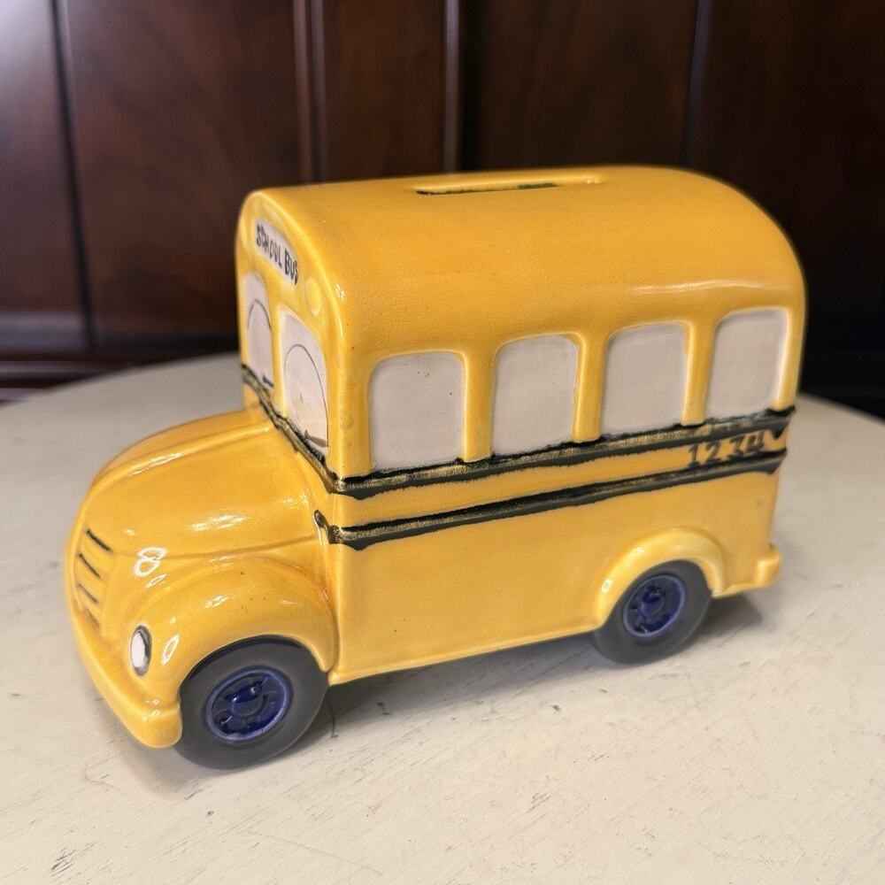 Vintage 1997 Scioto Ceramic School Bus Piggy Bank Coin Bank Yellow w/ Stopper